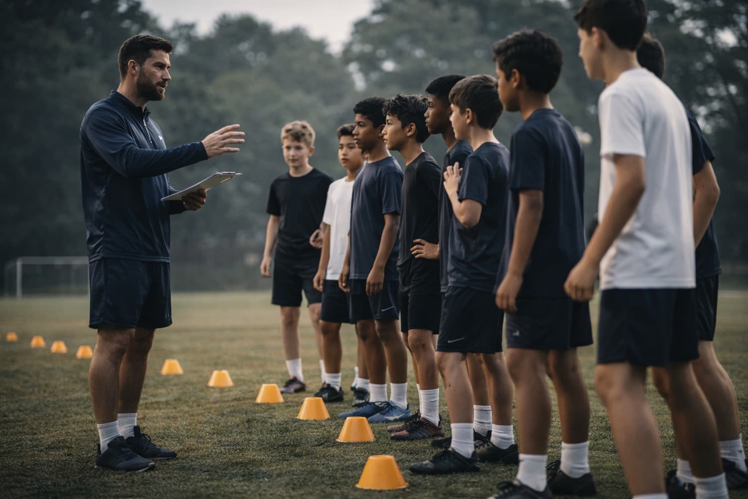 A coach talks to a line of players at the edge of a training pitch at dusk