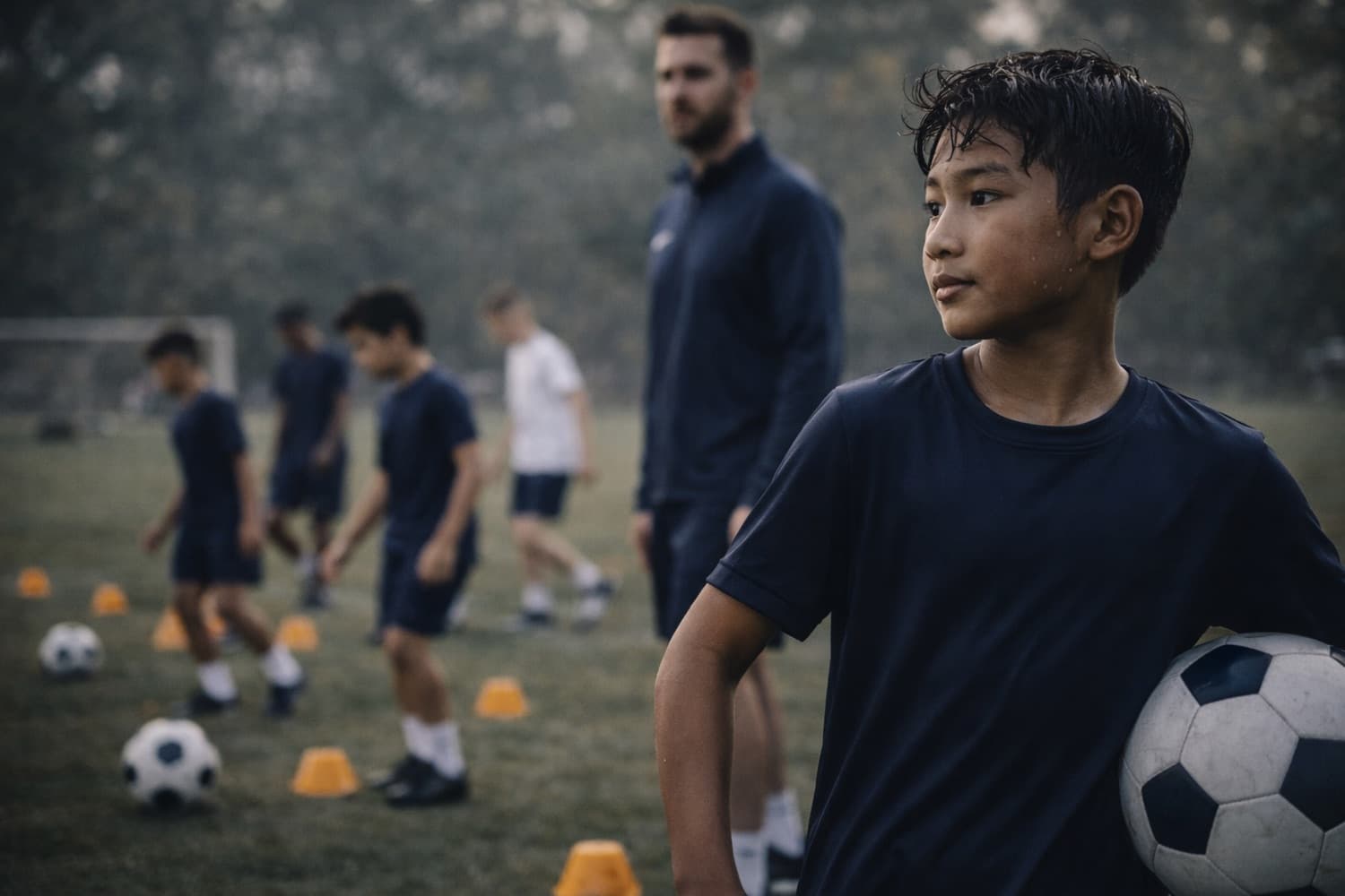 A young player holding a ball under his arm, looking across the pitch