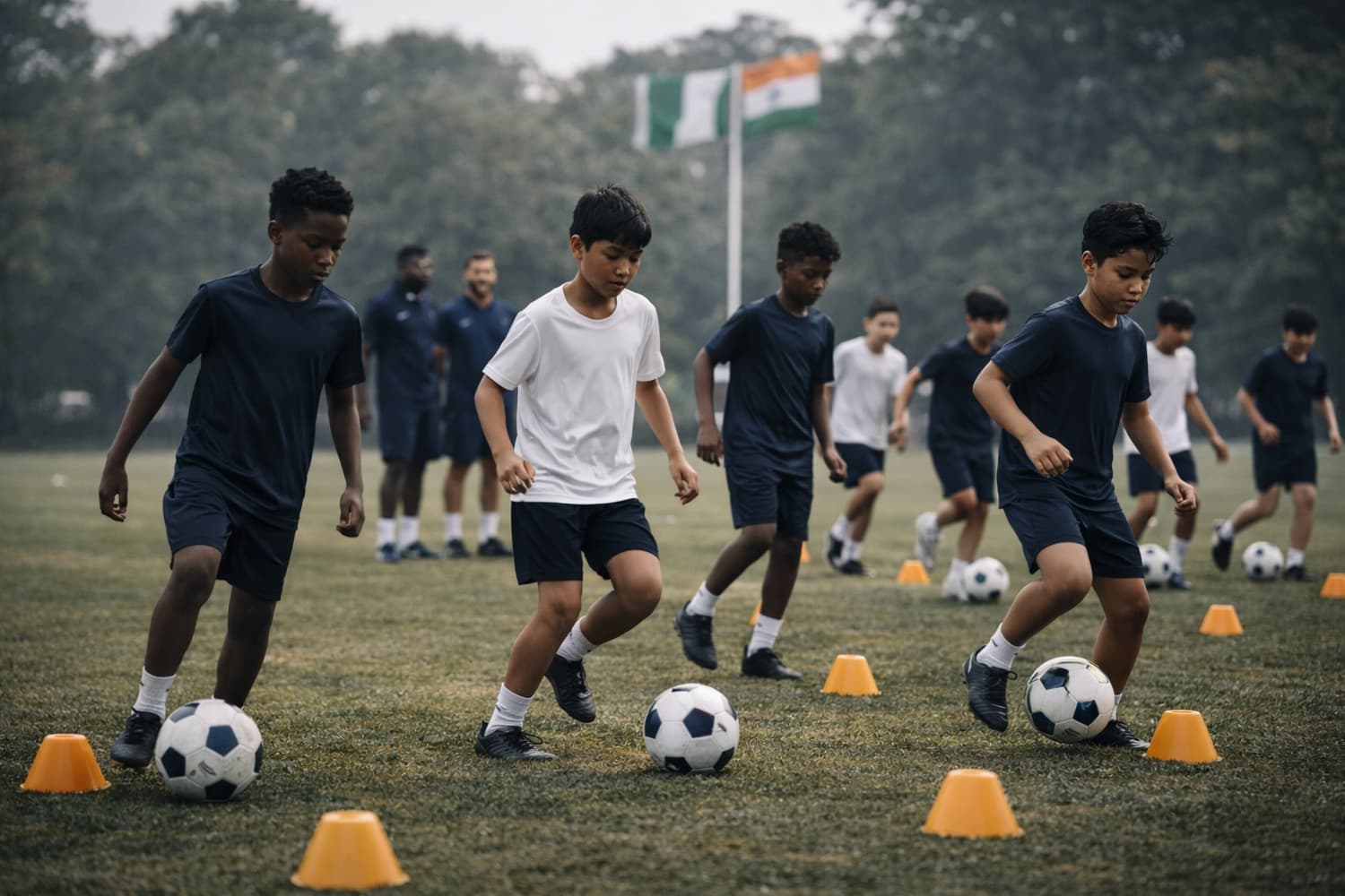 Players in a training line with the Indian flag on a pole behind them