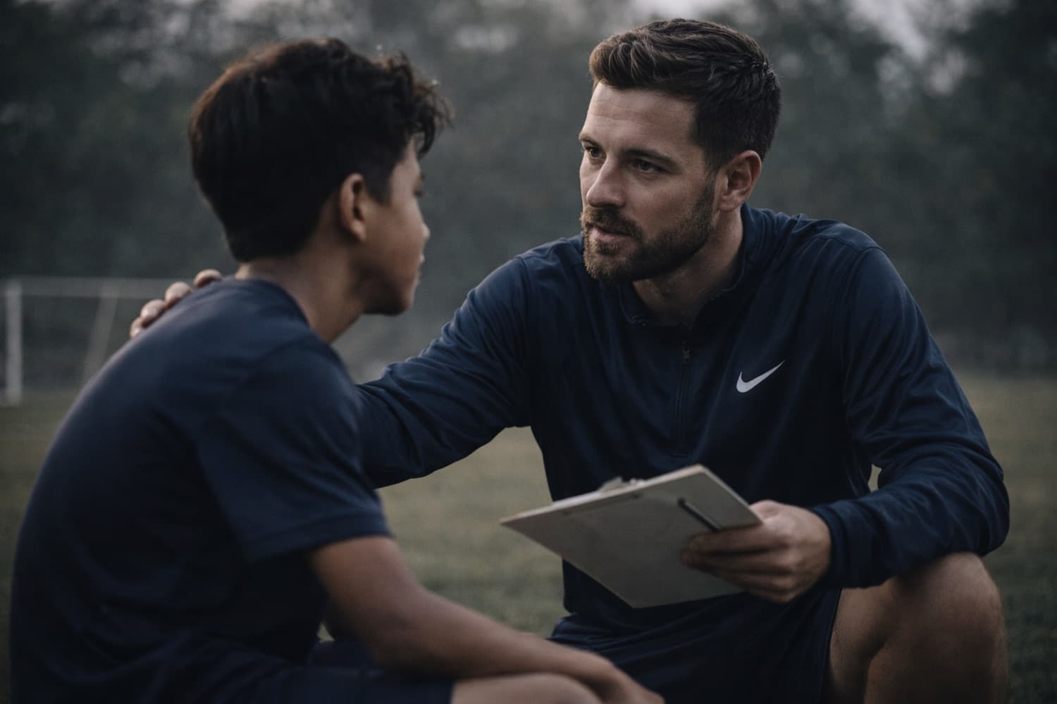 A coach sits beside a player on the grass, talking with a notebook in his hand